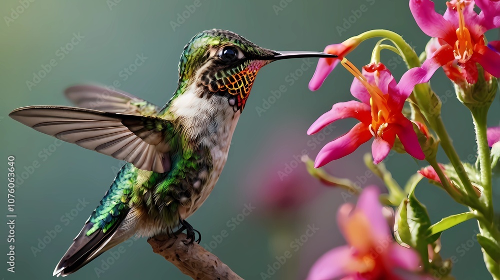 Fototapeta premium close up photo beautiful hummingbird, flower . high quality 