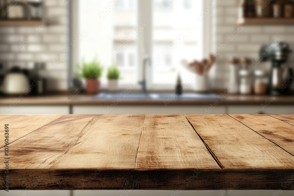 Close up of a rustic wooden table top with a blurry kitchen background. Close up of a rustic wooden table top with a blurry kitchen background.