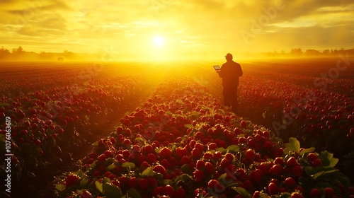 A farmer piloting a drone at dawn over a strawberry field, capturing footage of the ripe red berries, mist rising from the ground, golden light illuminating the field, photo