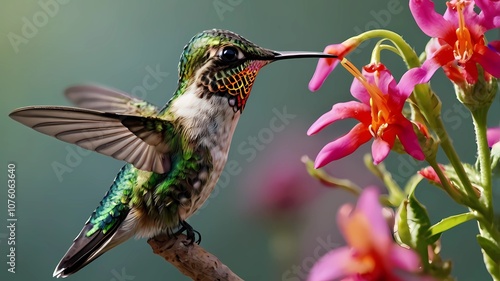 close up photo beautiful hummingbird, flower . high quality  photo