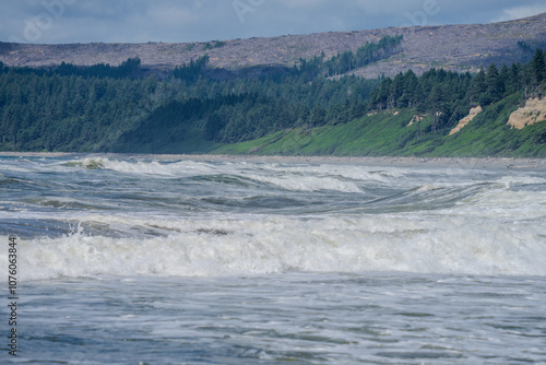Fototapeta Naklejka Na Ścianę i Meble -  Closeup of waves crashing and sea foam on Pacific Ocean coastal shoreline Washington state