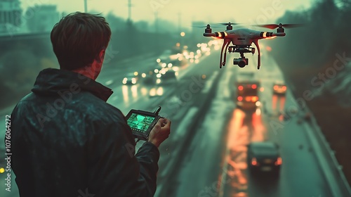 A journalist live-streaming a breaking news story using a drone, capturing aerial footage of a highway traffic accident, emergency vehicles and responders on the scene, photo