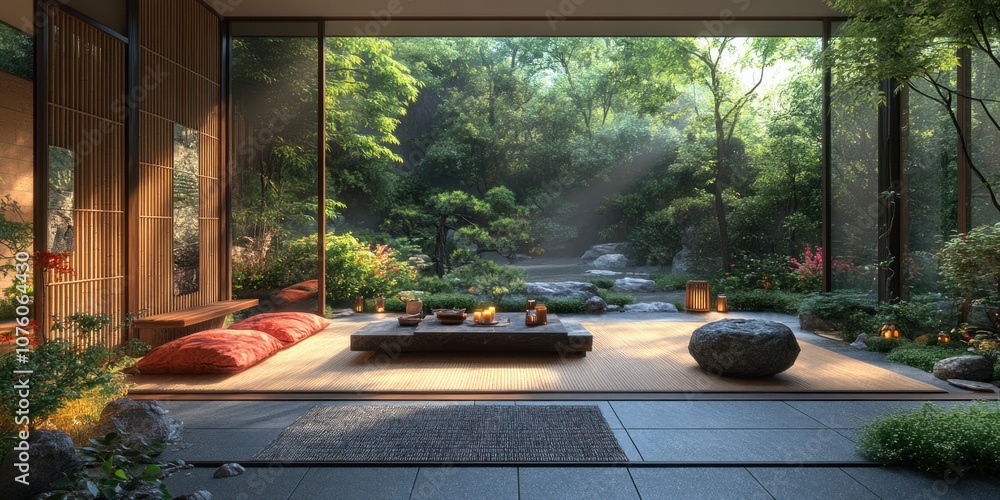 A Japanese-style room with a view of a lush garden. A Japanese-style room with a view of a lush garden.