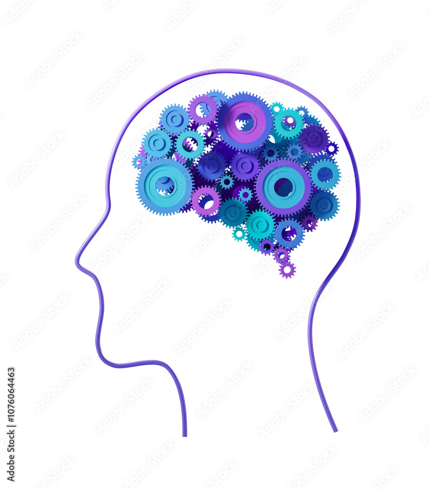 Silhouette of a human head with colorful gears inside, on a white background. Concept of creativity and thinking. 3D Rendering Silhouette of a human head with colorful gears inside, on a white background. Concept of creativity and thinking. 3D Rendering