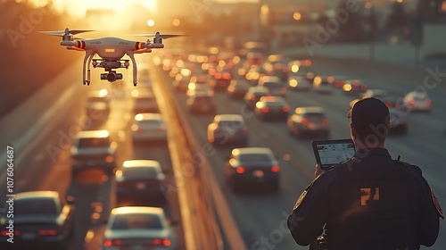 Wallpaper Mural A police drone flying low over a congested freeway, capturing footage of bumper-to-bumper traffic, the officer monitoring the live feed on a tablet, Torontodigital.ca