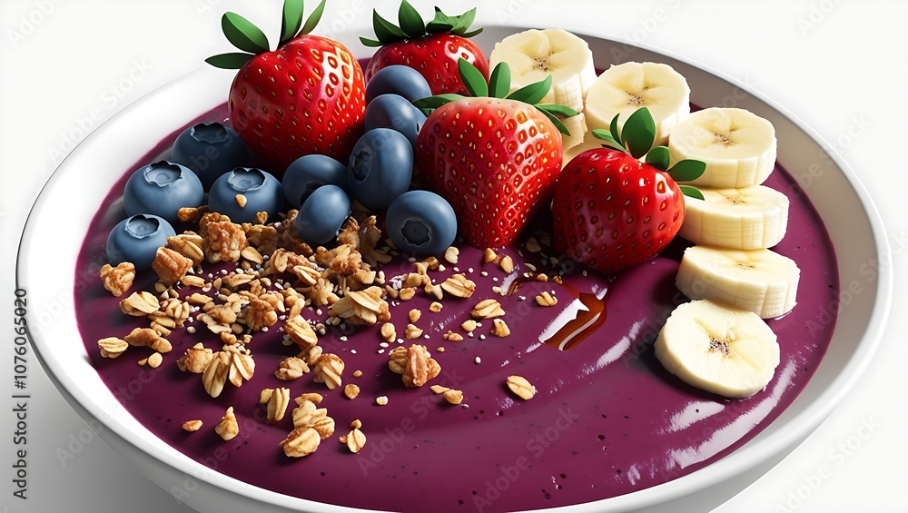 A white bowl filled with acai bowl, with a smoothie base, topped with granola, bananas, blueberries and strawberries. A white bowl filled with acai bowl, with a smoothie base, topped with granola, bananas, blueberries and strawberries.