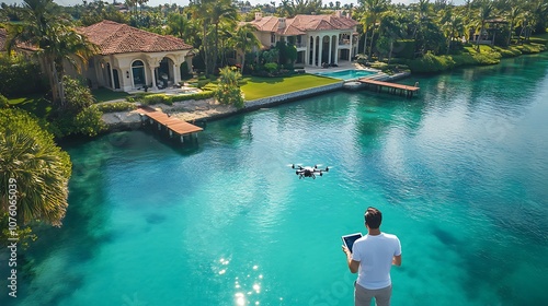 A real estate agent piloting a drone over a luxurious waterfront property, the drone capturing aerial footage of the house, private dock, and sparkling blue water, photo