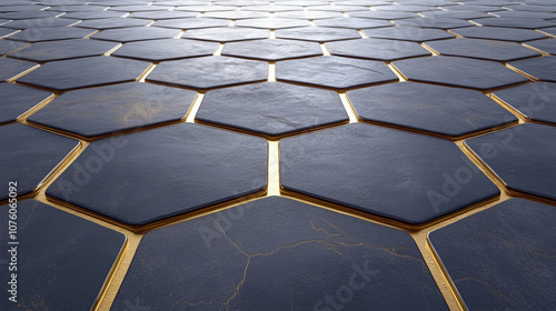 Modern hexagonal graphite surface with luminous gold lines, creating striking visual effect. geometric pattern adds depth and elegance to any design