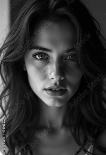 Black and White Portrait of Beautiful Mexican Girl with Dramatic Lighting