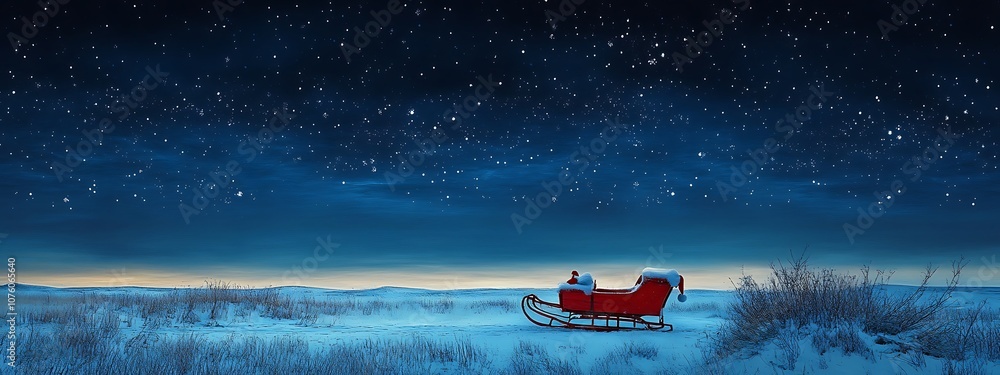 Fototapeta premium Santa’s Sleigh Parked in a Quiet Snowy Field Under the Night Sky, with Ample Copy Space Above for Festive Messages, Holiday Wishes, or Seasonal Sale Announcements