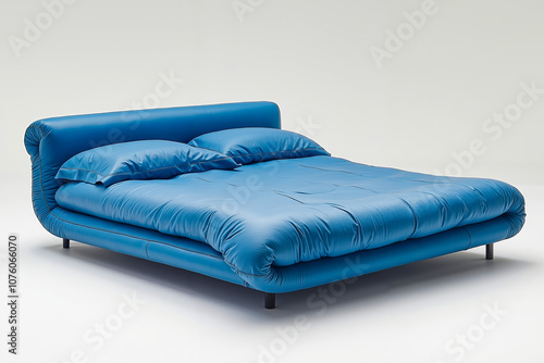 A blue bed with two pillows on top of it photo