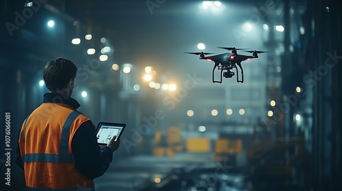 A security guard operating a drone in a large industrial complex at night, the drone capturing wide surveillance footage of the facility, guard watching a live feed on a tablet, photo