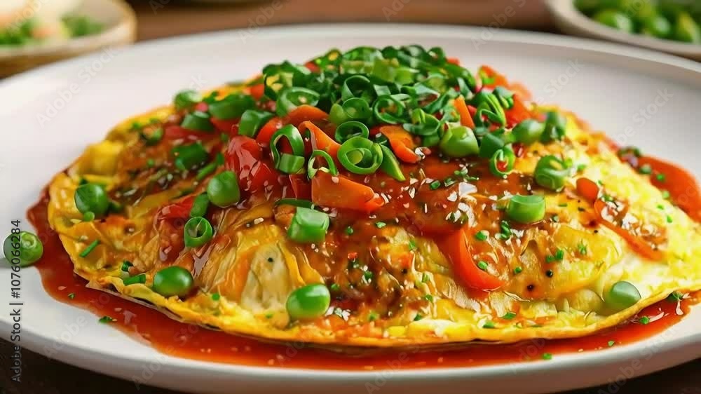 A Delicious and Savory Omelette with Vegetables and Sweet and Sour Sauce A Delicious and Savory Omelette with Vegetables and Sweet and Sour Sauce