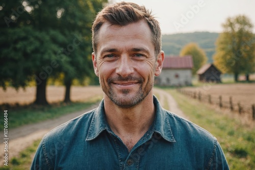 Close portrait of a smiling 40s Ukrainian male farmer standing and looking at the camera, outdoors Ukrainian rural blurred background