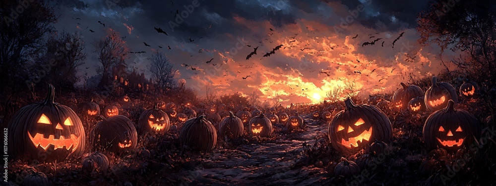 Creepy Pumpkin Patch at Twilight with Rows of Jack-o'-Lanterns Flickering, Surrounded by Shadows, with an Open Area Above for Adding Halloween Titles or Festive Quotes Creepy Pumpkin Patch at Twilight with Rows of Jack-o'-Lanterns Flickering, Surrounded by Shadows, with an Open Area Above for Adding Halloween Titles or Festive Quotes