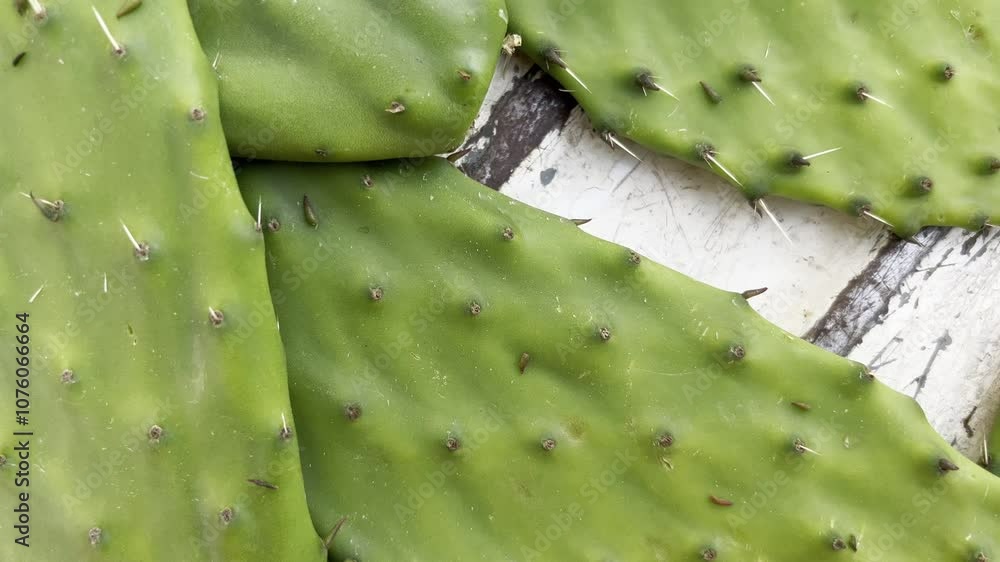 Close-up of green prickly pear cactus pads showing details of spines and textured surface Close-up of green prickly pear cactus pads showing details of spines and textured surface