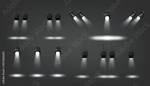 Stage spotlights set isolated on black background. Vector realistic illustration of bright ceiling lamps shining with white light ray, concert, show, nightclub, podium, theater illumination equipment