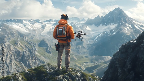 A surveyor flying a drone above a mountainous landscape, capturing the contours of steep cliffs and valleys, the surveyor dressed in hiking gear, snow-capped peaks in the background, photo