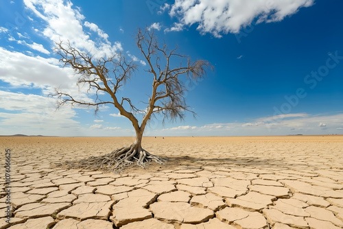 A lone tree in the middle of a dry, cracked desert