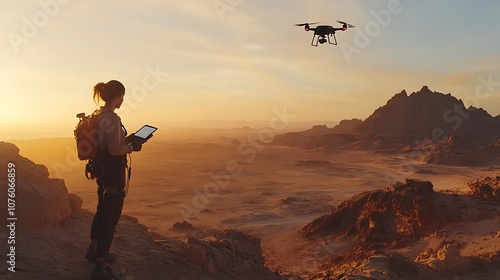 A surveyor using a drone to map a rocky desert landscape, the drone flying over rugged terrain with scattered boulders, the surveyor checking coordinates on a GPS device, photo