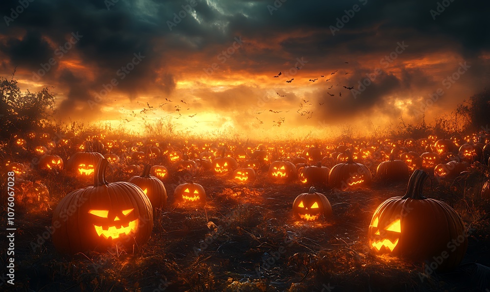 Creepy Pumpkin Patch at Twilight with Rows of Jack-o'-Lanterns Flickering, Surrounded by Shadows, with an Open Area Above for Adding Halloween Titles or Festive Quotes Creepy Pumpkin Patch at Twilight with Rows of Jack-o'-Lanterns Flickering, Surrounded by Shadows, with an Open Area Above for Adding Halloween Titles or Festive Quotes