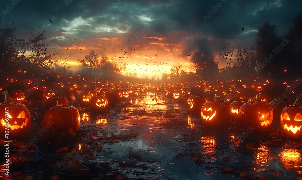 Creepy Pumpkin Patch at Twilight with Rows of Jack-o'-Lanterns Flickering, Surrounded by Shadows, with an Open Area Above for Adding Halloween Titles or Festive Quotes Creepy Pumpkin Patch at Twilight with Rows of Jack-o'-Lanterns Flickering, Surrounded by Shadows, with an Open Area Above for Adding Halloween Titles or Festive Quotes