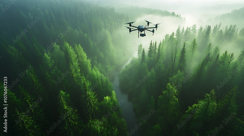 Naklejka premium A tourist operating a drone over a lush forest, capturing aerial shots of tall green trees and a winding river below, sunlight filtering through the canopy,