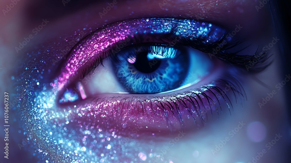 A close-up of an eye adorned with vibrant glitter and striking colors, showcasing beauty. A close-up of an eye adorned with vibrant glitter and striking colors, showcasing beauty.
