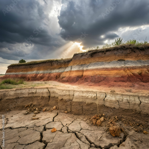 Erosion exposes layers of sediment in the ground. photo