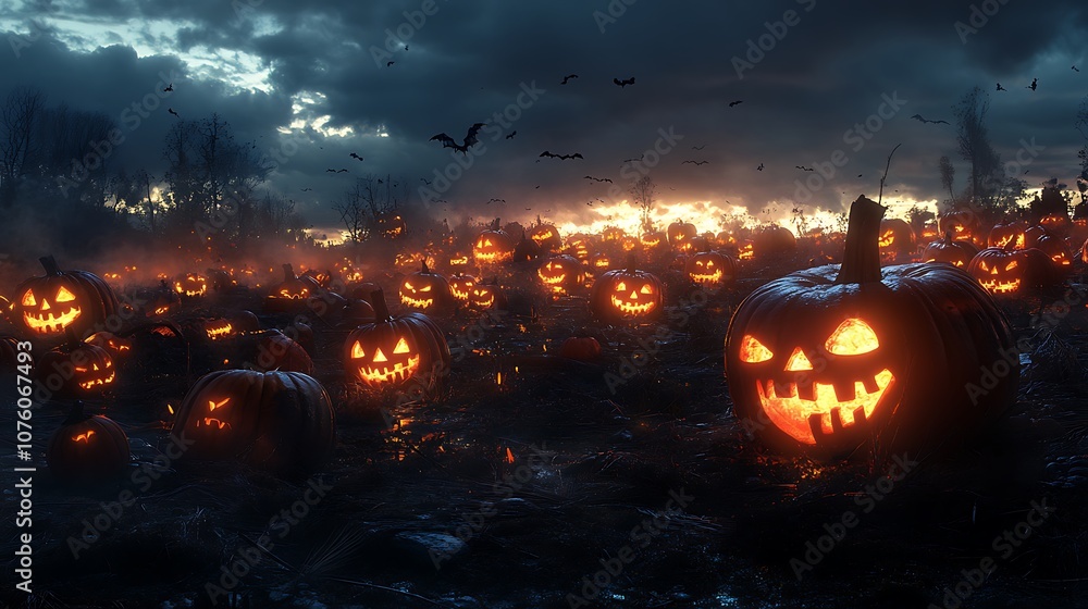 Fototapeta premium Creepy Pumpkin Patch at Twilight with Rows of Jack-o'-Lanterns Flickering, Surrounded by Shadows, with an Open Area Above for Adding Halloween Titles or Festive Quotes
