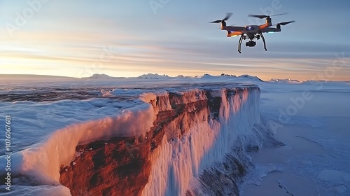 A wide-angle shot of a glacier expedition, a scientist flying a drone over the ice field, capturing the immense scale of the glacier, the drone hovering above with ice cliffs and deep fissures below, photo