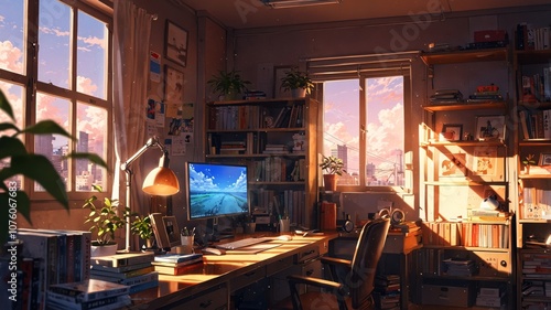Wallpaper Mural Cozy Anime Study Room with Vibrant Sunset View Torontodigital.ca