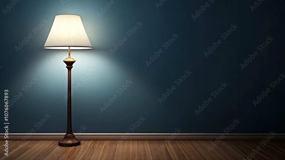 Warm and Inviting Floor Lamp Casting Soft Light on Elegant Wooden Floor Against a Calm Blue Wall, Perfect for Cozy Home Decor or Interior Design Inspiration Warm and Inviting Floor Lamp Casting Soft Light on Elegant Wooden Floor Against a Calm Blue Wall, Perfect for Cozy Home Decor or Interior Design Inspiration