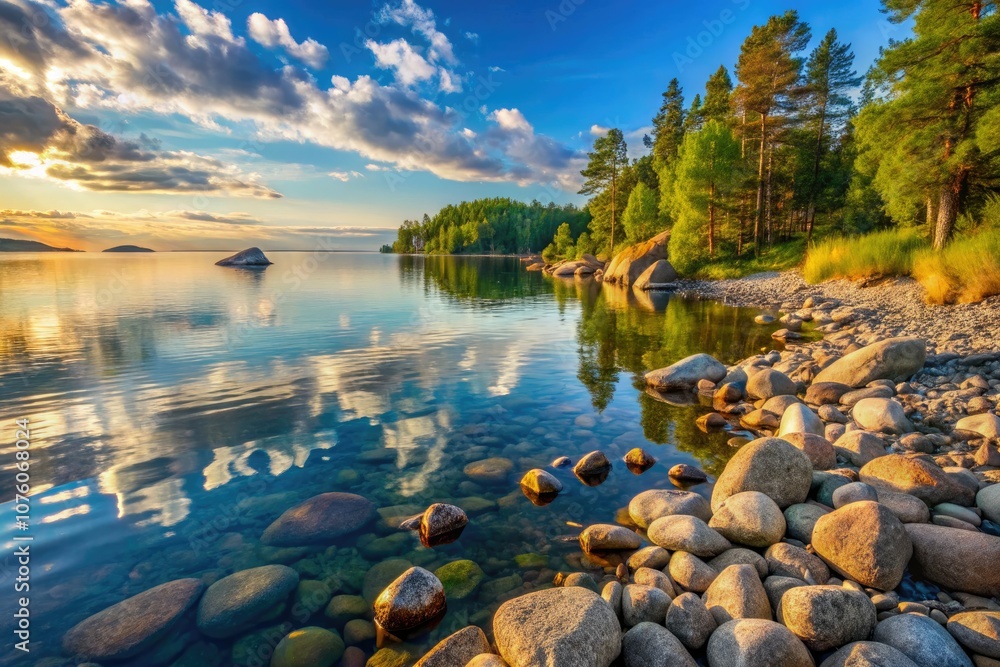 Obraz premium Tranquil Rocky Shoreline with Reflections on Vrd Island, Finland - Serene Landscape Photography, Nature, Waterfront, Scenic Beauty, Calm Waters, Coastal Views.