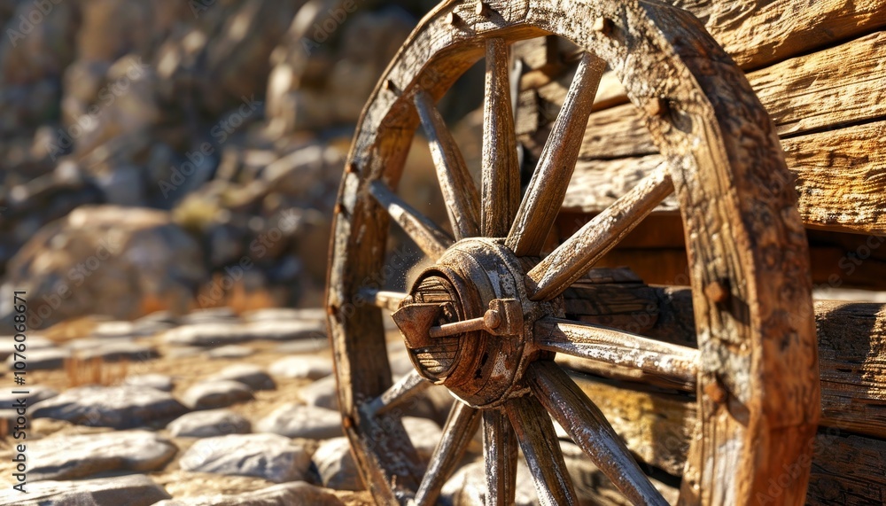 Close-up of a weathered wooden wagon wheel with metal spokes and a wooden hub, set against a background of rocks and cobblestones. Close-up of a weathered wooden wagon wheel with metal spokes and a wooden hub, set against a background of rocks and cobblestones.