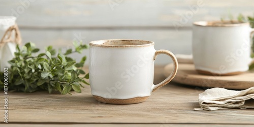 A rustic ceramic mug stands on a wooden table, surrounded by greenery, creating a cozy and inviting atmosphere.