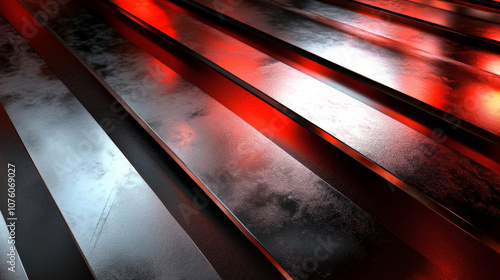 Modern striped titanium plate with red luminous lines, showcasing sleek and reflective surface. interplay of light and shadow creates dynamic visual effect