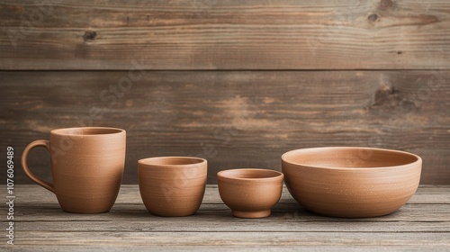 A collection of rustic clay pottery displayed on a wooden surface, featuring various sizes of bowls and cups.