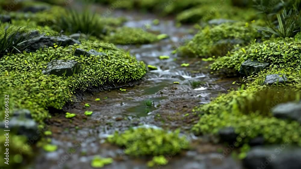 A small stream flows through a lush, green forest, surrounded by moss and rocks A small stream flows through a lush, green forest, surrounded by moss and rocks