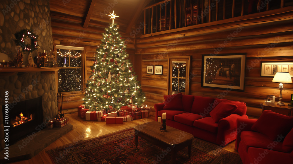 Christmas living room with a decorated tree, gifts, warm and cozy atmosphere in a forest lodge Christmas living room with a decorated tree, gifts, warm and cozy atmosphere in a forest lodge