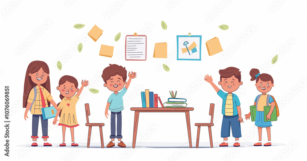 Happy school kids waving hello in a classroom setting. Happy school kids waving hello in a classroom setting.