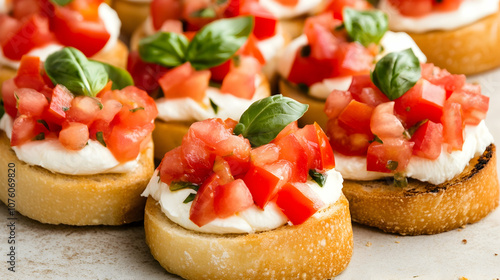 Close-up of tomato and basil bruschetta.