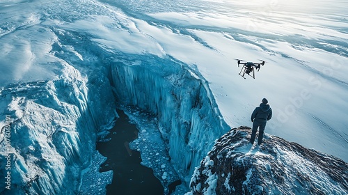 An aerial view of a scientist piloting a drone over a glacier, the drone’s camera pointing at deep blue ice formations and crevasses, the scientist standing on a cliff edge, snow-covered gear, photo