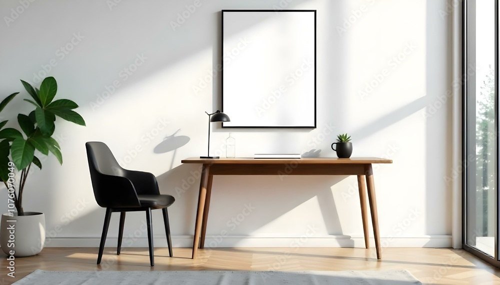 Fototapeta premium A minimalist home office with a wooden desk, a black chair, and a framed artwork on the wall