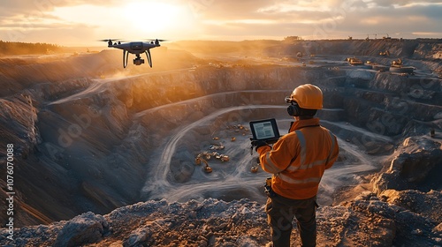 An aerial view of a surveyor operating a drone over a large quarry, capturing the contours and depth of the excavation site, the surveyor dressed in safety gear, harsh midday sunlight, photo