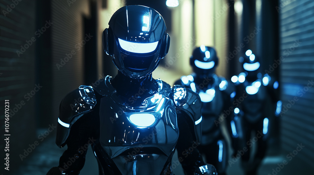 Robots with Reflective Armor in a Dark Alley, Illuminated by Neon Lights, creating a sense of covert control Robots with Reflective Armor in a Dark Alley, Illuminated by Neon Lights, creating a sense of covert control