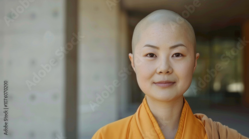 Embodying tranquility, a female Buddhist nun dressed in an orange robe presents a peaceful demeanor in natural light photo