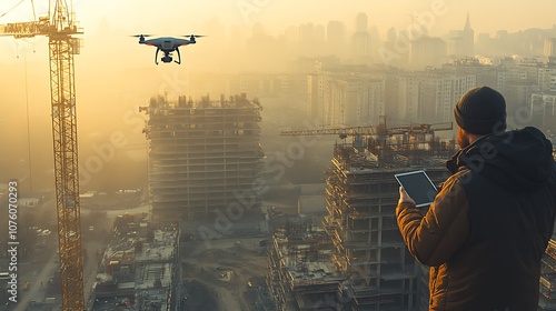 An aerial view of an architect flying a drone around a construction site, the drone inspecting a tall crane and unfinished building framework, the architect holding a tablet, photo