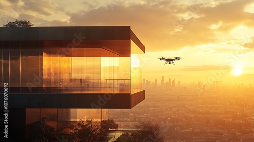 An architect using a drone to inspect a modern building, drone hovering close to the structure with reflective glass windows, cityscape in the background, afternoon sunlight creating a soft, photo