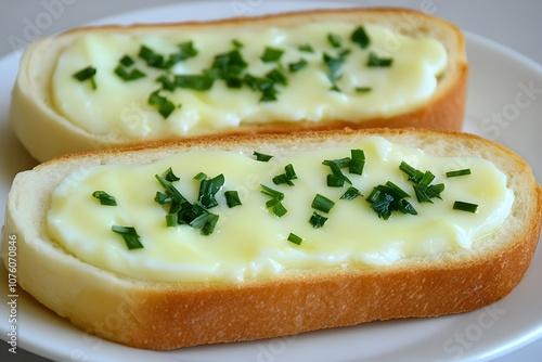 Close-up of two slices of toast topped with creamy egg and fresh chopped chives.